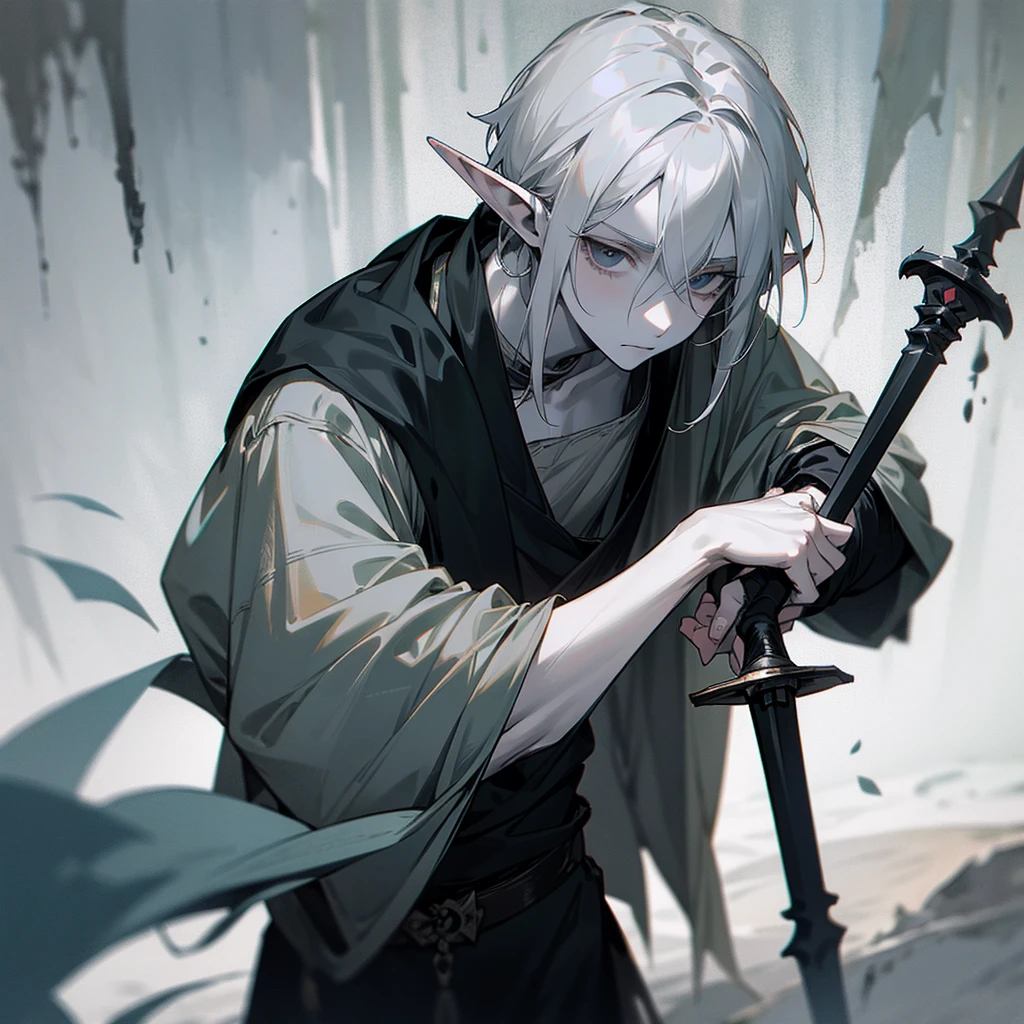 A young elf guy with pale skin and tousled gray hair, with completely black eyes, in worn out old clothes, with two black daggers in his hands. Having the most shabby appearance 