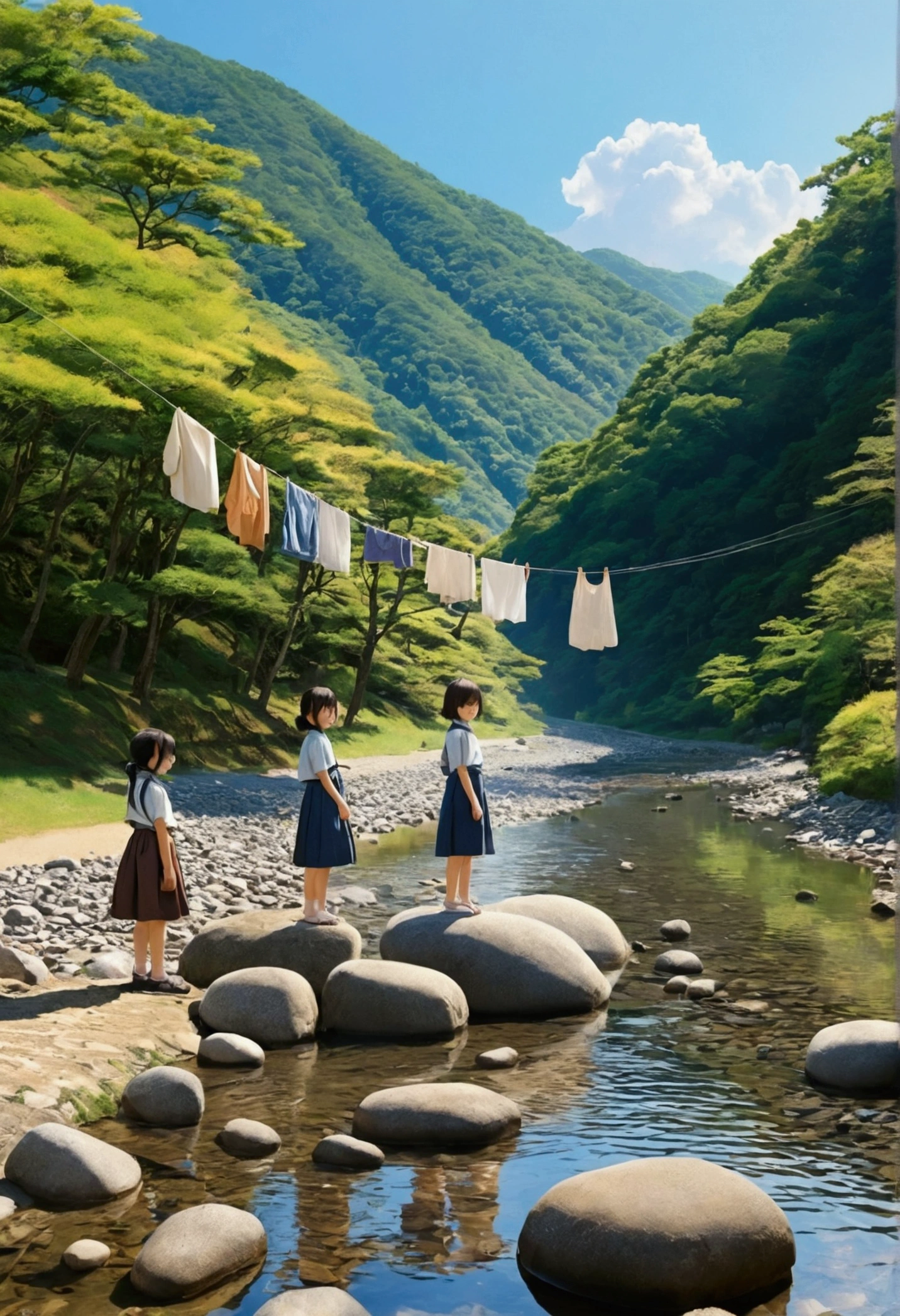 Sunny sky Japanese girl playing in the river２Man and two Japanese boys, Brothers and sisters, Clothes are hung out to dry on the stones, Makoto Shinkai Taste, In the mountains, Looks like a lot of fun, Beautiful Landscape, 