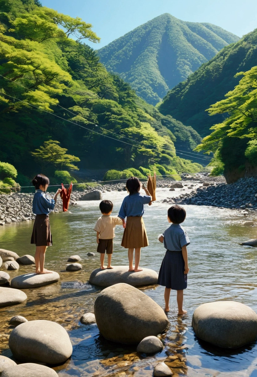 Sunny sky Japanese girl playing in the river２Man and two Japanese boys, Brothers and sisters, Clothes are hung out to dry on the stones, Makoto Shinkai Taste, In the mountains, Looks like a lot of fun, Beautiful Landscape, 