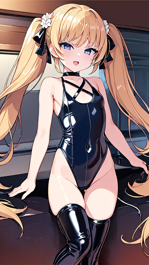 ((highest quality)), (masterpiece)), (detailed: 1.4), Unorganized resolution、High resolution、(masterpiece:1.4)、Super detailed、one beautiful girl、highest quality、master piece、Very detailed、(1 girl):1.4、(black latex swimsuit)、(Golden hair):1.3、twin tails、Short twin tails、choker、(dark blue eyes):1.1,(shiny latex)、indoor pool background