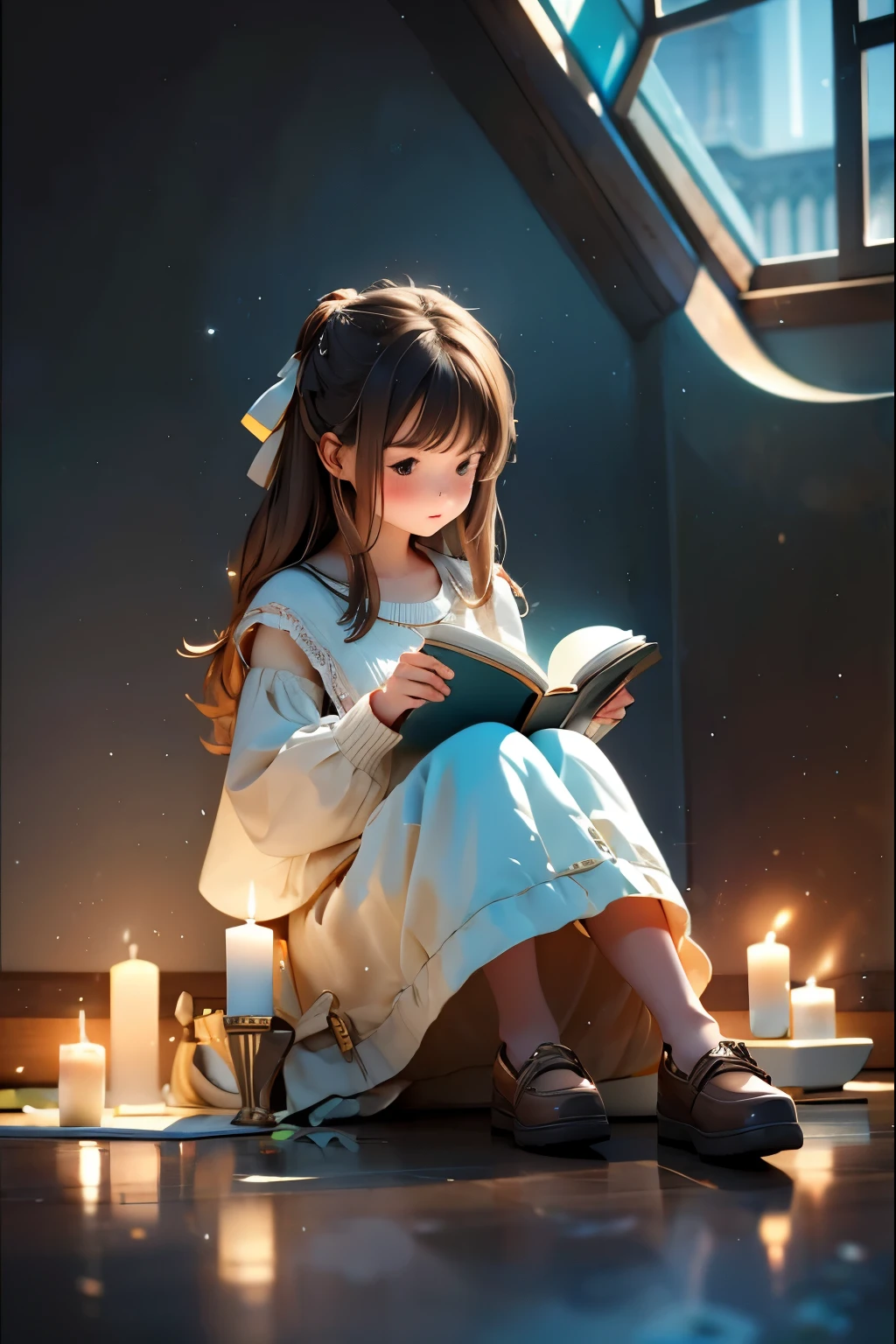 a girl reads a book sitting on the floor illuminated by candles behind her there is a bay window from which you can see the 