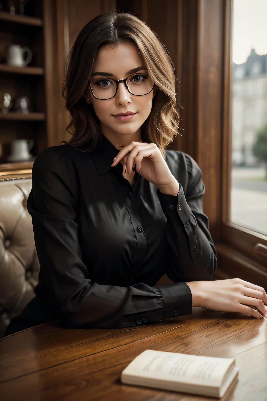 ​masterpiece, best quality, extremely detail, hyper-realistic, photorealestic, a beautiful French model from the 1920s, in the luxurious café, sitting at the table with a cup of coffee:1.2, black shirt:1.1, ultra-detailed face, nice hair, blond hair, pale skin, busty breasts, smiling, Glasses, perfect hands, perfect fingers