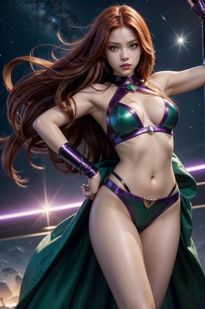 

starfire from teen titans, Starfire heroina de DC, great heroine, woman with bright green eyes, Red-hair, pose de great heroine, half body, long legs, nice shape, beautiful abdomen, beautiful woman, nice features, space setting, Long hair, starfire. jennie blackpink, Jennie Kim, starfire, heroine pose with lights in her hands, heroine fighting evil. Teen Titans Starfire Clothing
