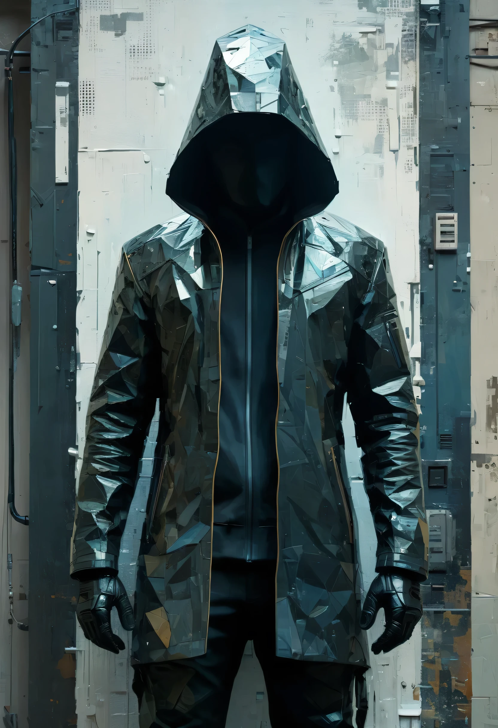 hacker, high relief texture painting, 4D, 8k, futuristic vintage, full body view, photorealism, abstract impressionism, arte por Jeremy Mann