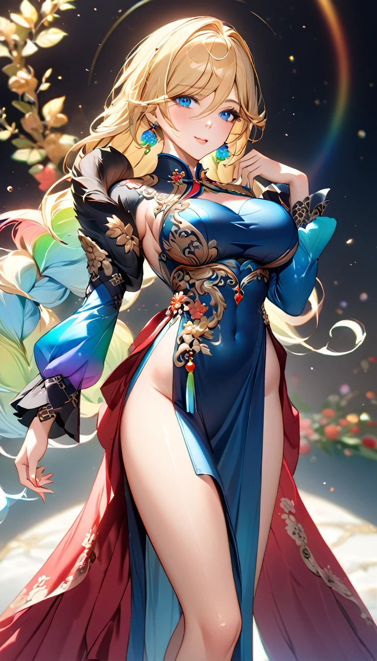 Masterpiece, ultra-high definition, ultra-high quality 8K, incredibly absurd, highly detailed, 2.5D, delicate and dynamic, beautiful woman, intelligent and cool beauty, seductive expression, tight blonde hair, Shining Blue eyes, Highlight on eyes, Very long eyelashes, Very Large Breasts, Beautiful Legs, wearing rainbow gradient sleeve cheongsam with intricate and luxurious embroidery, shiny satin fabric, accessories, best figure, gorgeous and luxurious effect, background aristocratic society