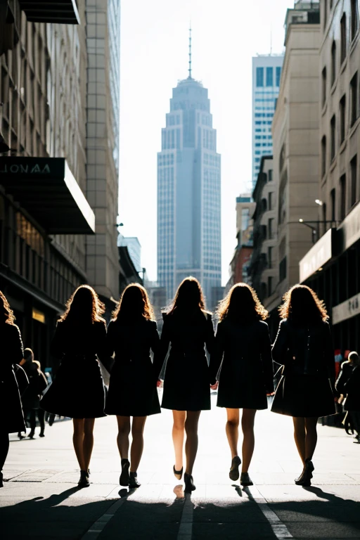 The silhouette of five friends (women) Walking around the city