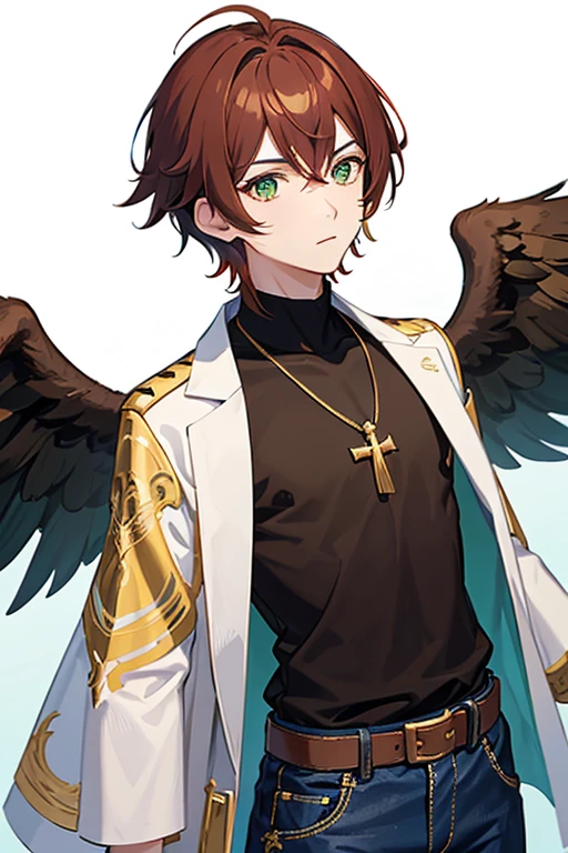 Xiao from Genshin Impact, boy, 16 years old, short reddish brown hair with strands in the bangs, green eyes, green open vest, black t-shirt with gold wings print, necklace with a gold cross, blue jeans, light brown belt, Looking at profile straight directly to viewer, white background.