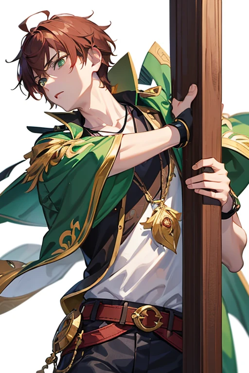 Xiao from Genshin Impact, boy, 16 years old, short reddish brown hair with strands in the bangs, green eyes, green open vest, black t-shirt with gold wings print, necklace with a gold cross, blue jeans, light brown belt, Looking at profile straight directly to viewer, white background.