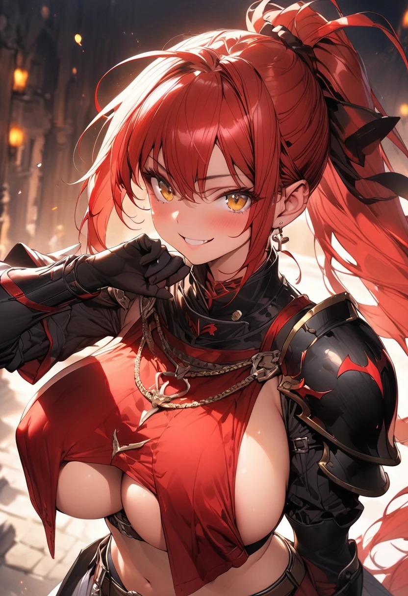 (masterpiece),(best quality),(ultra-detailed),(best illustration),(best shadow),(absurdres),(detailed background),(very aesthetic), knight, long hair, red hair, ((Ponytail)), yellow eyes, perfect face, black armor,, ((exposed arm)), red_ornaments, red_tabard, thong, belt, ((big tits)), exposed belly, smiling, 1girl, strikes, Perfect face, thick thighs, ,add_detail:1, add_detail:0, add_detail:0.5,
