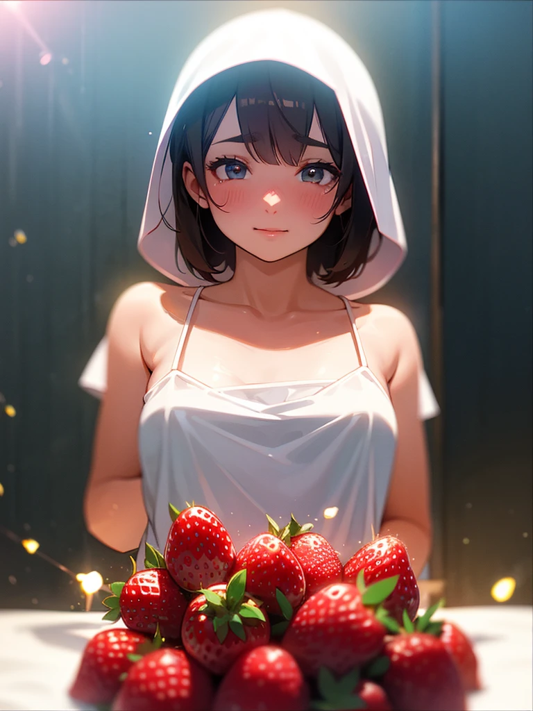 (Sumilux f1.4 50mm , low Latitude old color negative film , cross process , bokeh, flare, chromatic aberration , soft focus, (Shallow focus) , soft glow , Maximum aperture, low Key , Transparent depiction)  , (coquettish bbw) , ２ small strawberrys , (Pour condensed milk:0.9) , Kama Sutra , (hide with strawberry) , short camisole , (in the milk bowl)