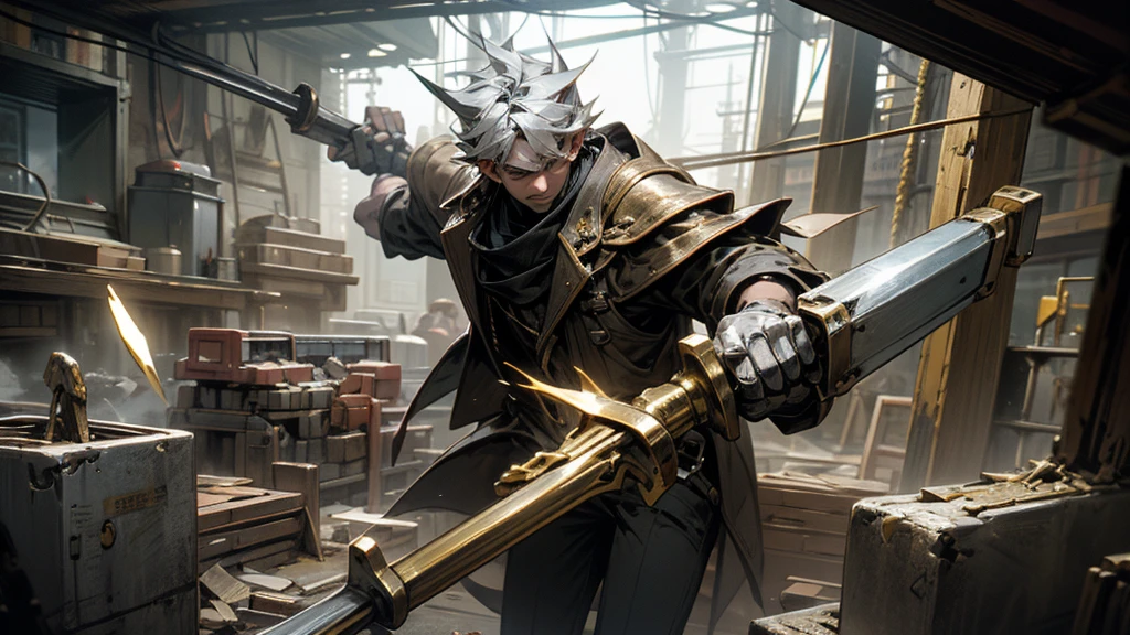 a blacksmith with a hammer in front of two silver blocks, man destroying a mold,  high quality stock image, holding gold, high quality product image, Gold and silver, hyperrealistic illustration, Gold and silver, metal fragments flying in all directions, mold shaped blocks 