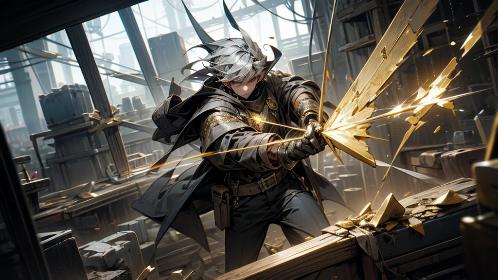 a blacksmith with a hammer in front of two silver blocks, man destroying a mold,  high quality stock image, holding gold, high quality product image, Gold and silver, hyperrealistic illustration, Gold and silver, metal fragments flying in all directions, mold shaped blocks 