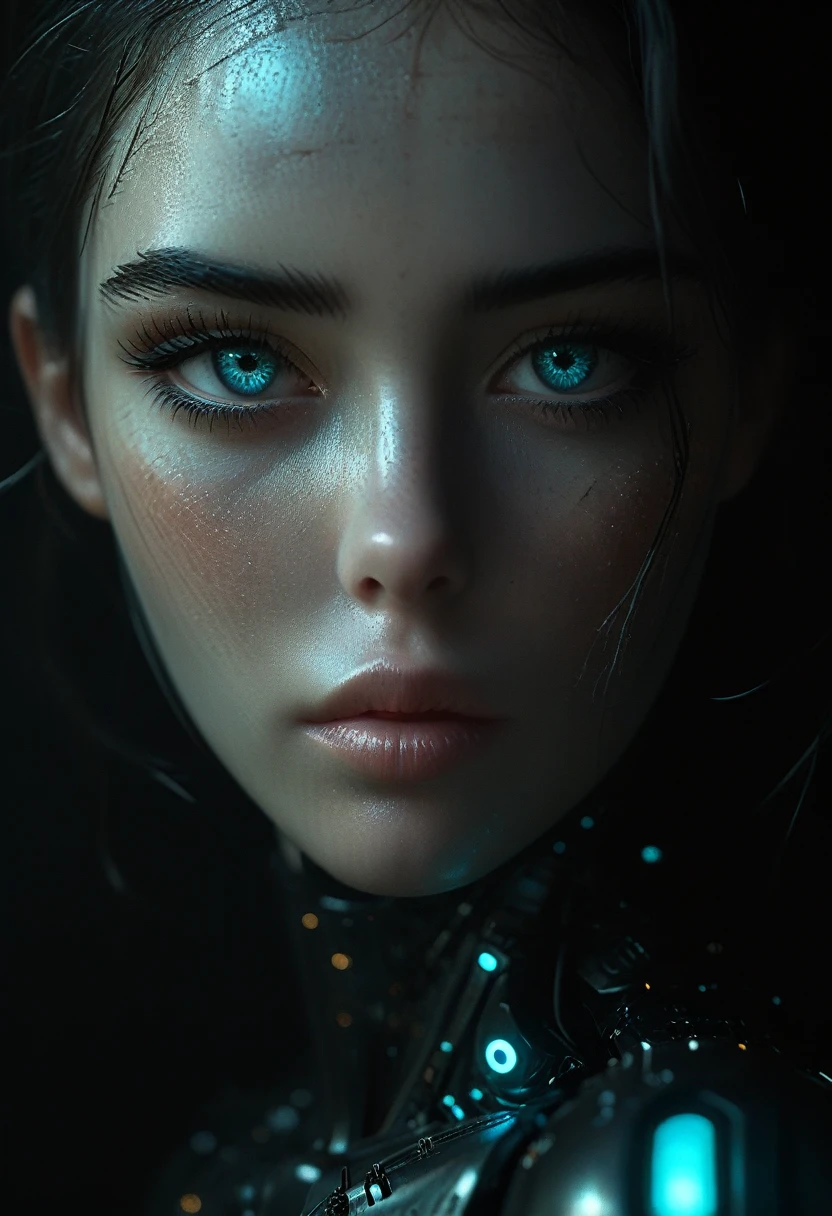 Full length view. Little funny robot, porcelain face and head, big turquoise eyes, perfect eyes, top quality style. A beautiful cinematic impressionistic picture, a dark dramatic character, in the style of Jeremy Mann and Charles Dana Gibson, Mark Demsteder, Paul Hedley. Spartak Mukanov.