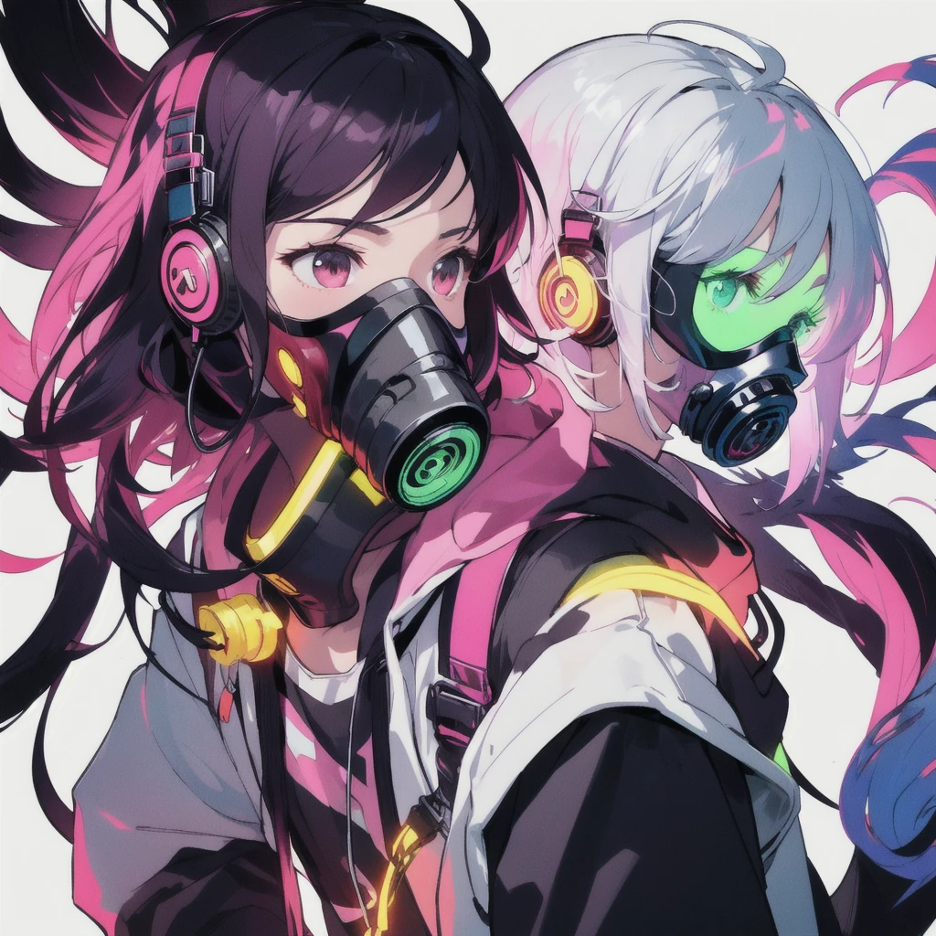 male, profile, Headphones, hoodie, Vibrant colors, neon, White background、gas mask、