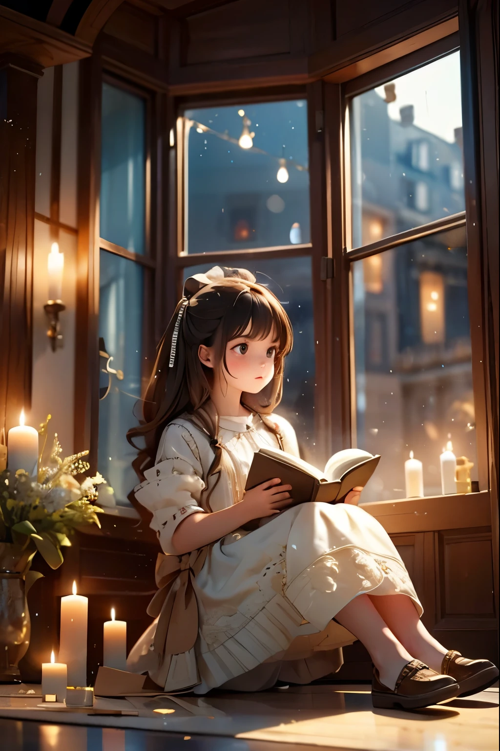 a girl reads a book sitting on the floor illuminated by candles behind her there is a bay window from which you can see the 