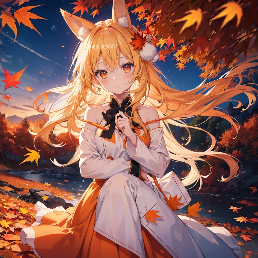 anime, girl, long hair, Orange dress, White rabbit ears, autumn leaves, Pol, 🍁 Cute, beautiful anime artwork, beautiful anime art, anime girl with long hair, 🍂 Cute, autumn leaves падают, beautiful anime, anime girl desktop background, anime art wallpaper 8 k, anime visual of a Cute girl