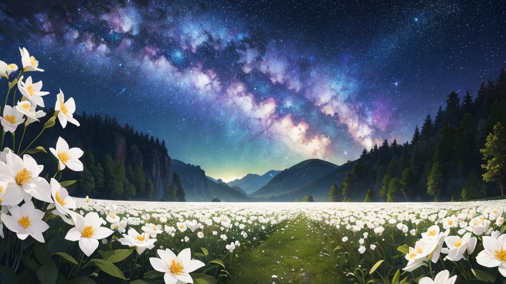 CG, unity, 8k, wallpaper, highest quality, masterpiece, best lighting, complex textile, detailed background, Landscape painting, Spectacular starry sky with the Milky Way visible, nebula, night, Effect of dancing petals, vast flower garden, quiet flower garden, nothing artificial, (white flowers: 1.5), beautiful, (Panoramic View: 1.3)