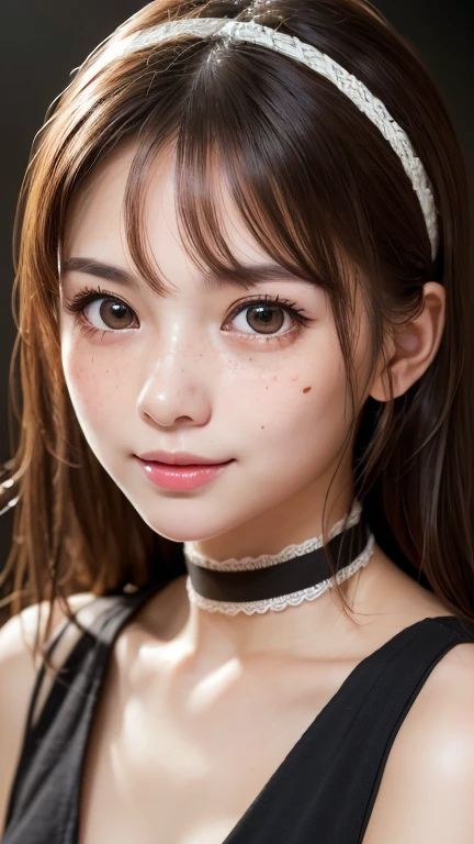 One Girl，(1人のとてもcute女の子:1.3)，masterpiece，Highest quality，High resolution，beautiful girl，(21 years old:1.3)，cute，Big eyes，(Detailed pupil:1.2)，(The face is facing straight ahead:1.3)，Body facing forward，Beautiful Nose，Fuller lips，Brown Hair，Medium Hair，Fine eyelashes，Thin eyebrows，Definition of very fine particles，(Symmetrical eyes:1.3)，(Face close-up，Face Focus:1.0)，Portraiture，Show Viewer，Cinema Lighting，High resolution，Very detailed、Headband、Open your mouth a little、Selfie、Put your hand on your chin、blush，smile:1.1、freckles、Round Glasses、choker、topless