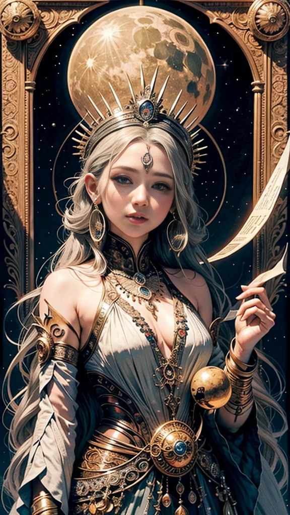 official art, 8k unit wallpaper, ultra detailed, beautiful and aesthetic, high quality, beautiful, masterpiece, best quality (zentangle, mandala, tangled, tangled: 0.6), a young goddess in her 20s, long silver hair, sun goddess,upper body