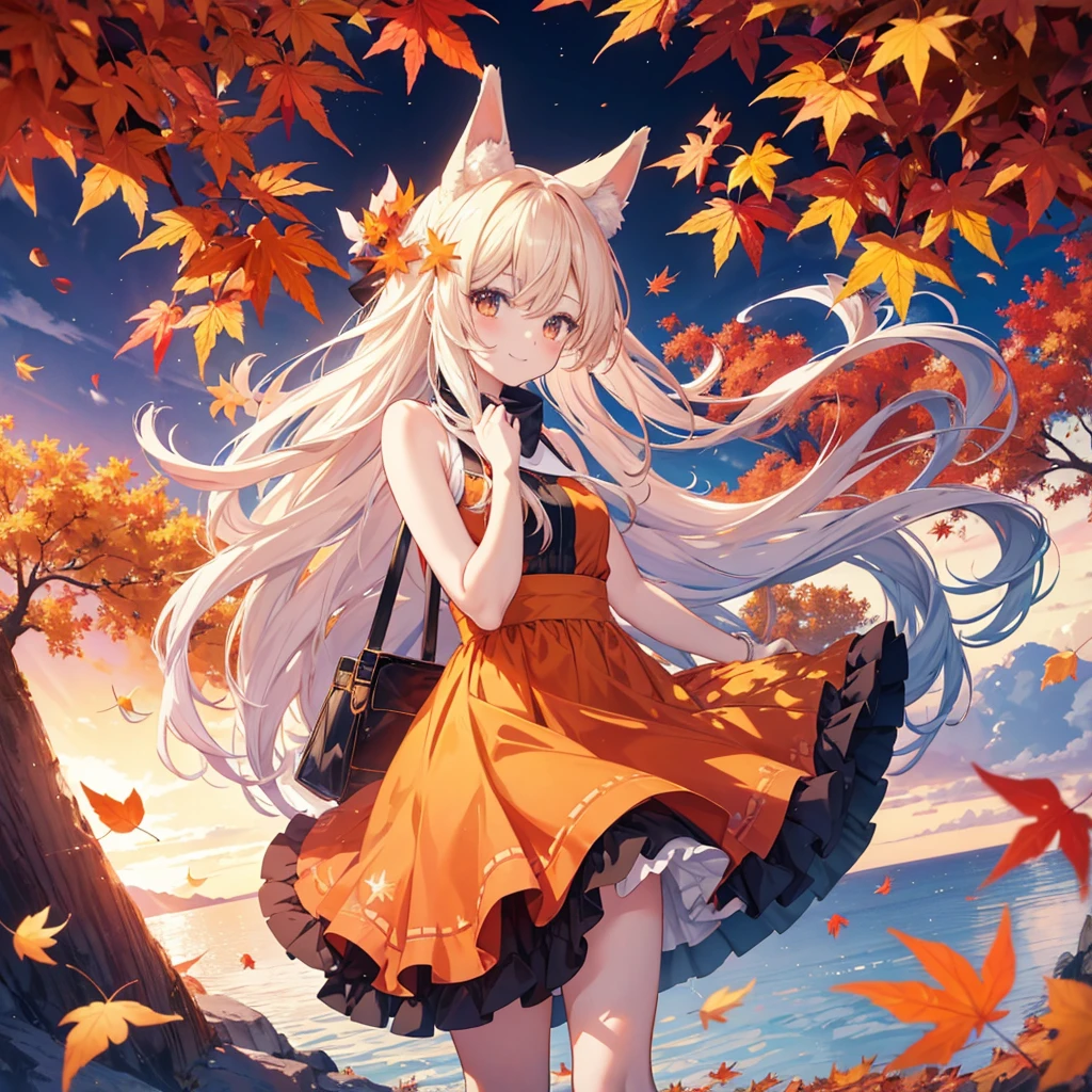 anime, Jolly Girl, long hair, Orange dress, White rabbit ears, smile, autumn leaves, Pol, 🍁 Cute, beautiful anime artwork, beautiful anime art, anime девочка with long hair, 🍂 Cute, autumn leaves падают, beautiful anime, anime девочка desktop background, anime art wallpaper 8 k, anime visual of a Cute девочка