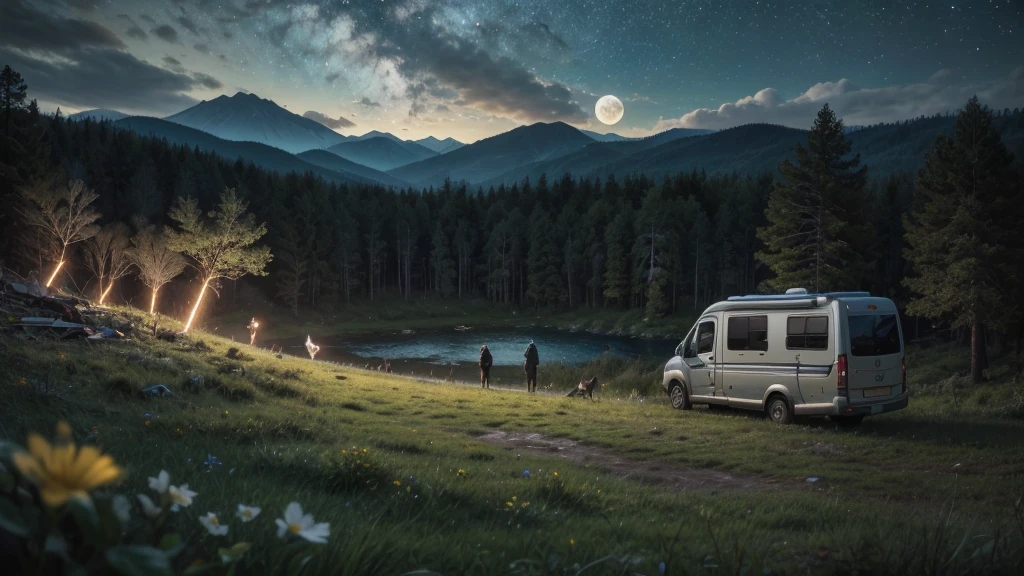 Create a scene in a post-apocalyptic world where a lo-fi girl with long blue hair, wearing a trench coat and headphones, is in a motorhome parked in a clearing. ao redor, there are remains of a destroyed city with lush vegetation growing among the rubble. Colorful flowers bloom in the wind and butterflies fly everywhere. in background whith, a bright galaxy is visible in the night sky, while the moon illuminates the scene with a soft light. A trail leads to a serene lake, where an active volcano can be seen in the distance, throwing electrical sparks and smoke into the air. Birds and crows fly over the lake, while a group of wolves and foxes watch from a safe distance. The image must have a realistic style with touches of impressionism, highlighting nature&#39;s resilience and emerging beauty in a devastated landscape.