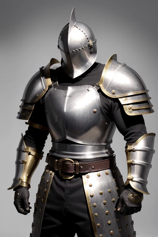 Knight in armor and a huge metal glove of brass knuckles for one of his hands