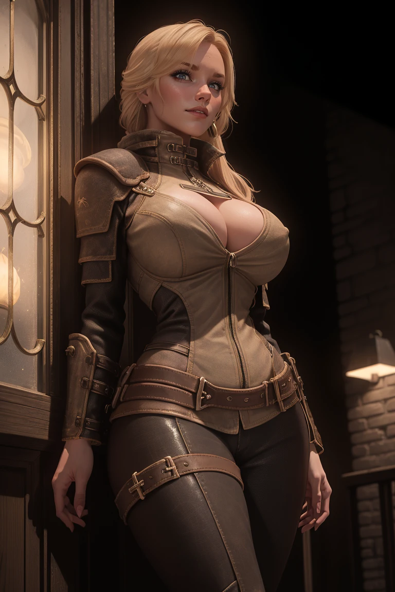 A blond-haired, 35-year-old female breton stands confidently on a balcony, bathed in warm indoor lighting that accentuates the curves of her cyberpunk-inspired ensemble. She gazes directly at the viewer, her piercing gaze enhanced by the subtle sheen of her tight latex dress. The gothic ambiance is amplified by the night sky behind her, while medium-sized breasts are subtly highlighted beneath the fitted fabric. Framed at 1.3 upper half, the portrait captures the subject's captivating presence amidst a futuristic outdoor setting.