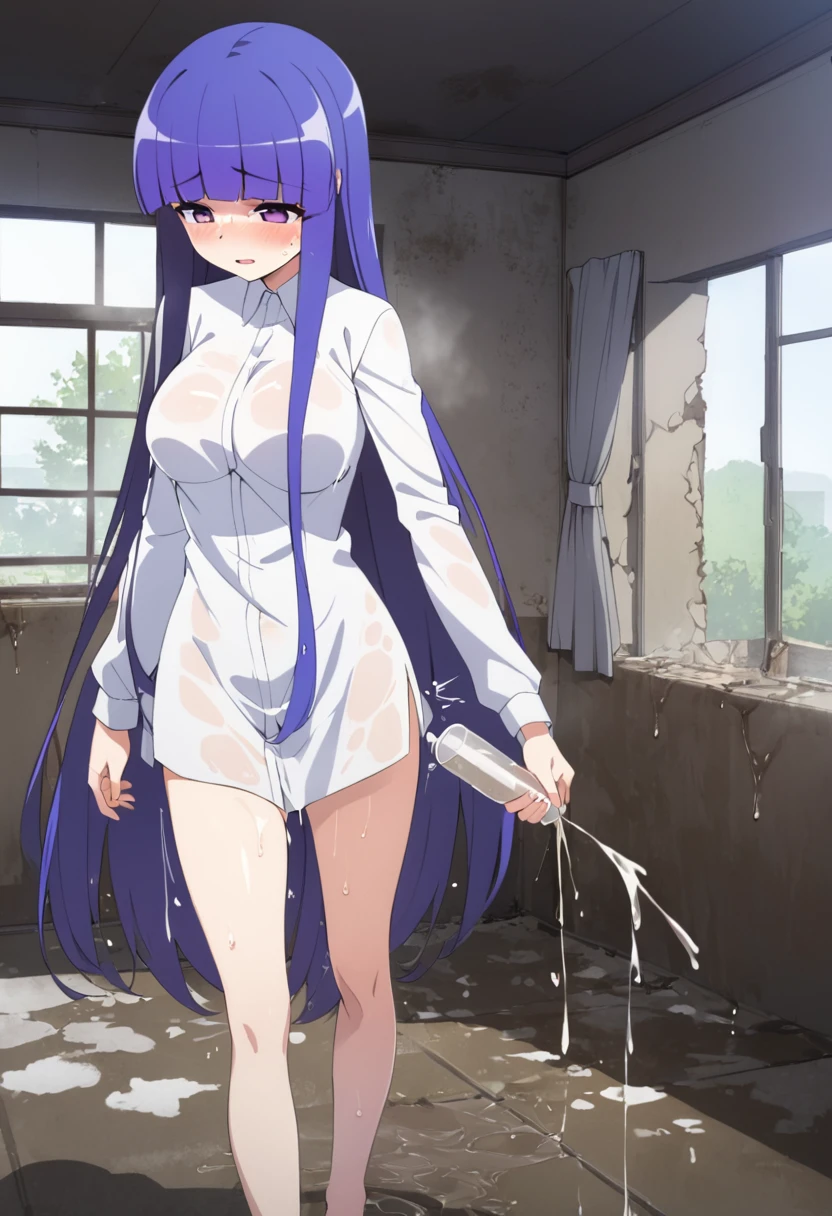 1girl, nsfw, furuderika, long hair, purple eyes, blue hair, blunt bangs, empty eyes, large breasts, nipple, Walking, Abandoned Hotel, frozen, (Sweating profusely, Love juice, Wet Woman, female ejaculation) crying, Naked, (1girl) Blank look, solo, , Peeing, lactation, projectile lactation