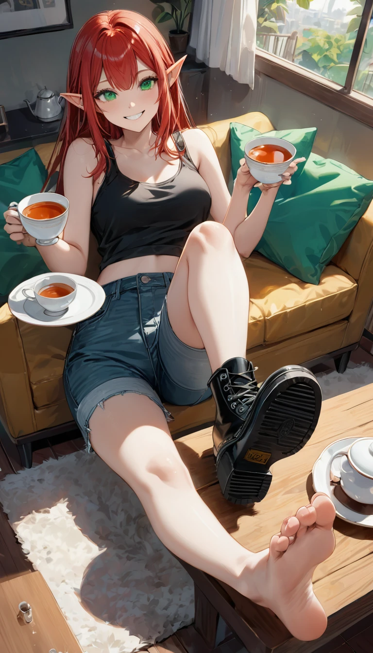 1 female elf with long fire red hair, emerald green eyes, black tank top and jeans small shorts. She's sitting on a couch, grinning and enjoying a hot tea. She has her feet up, resting on top of a coffe table. She's wearing black doc martens. Inside her shoe, between the insole and the sole of her feet, there is a tiny guy, suffering and trapped inside the hot humid shoe. Feet up and resting on coffee table, colorful living room, elf holding the plate and tea cup, best quality, absurdly detailed