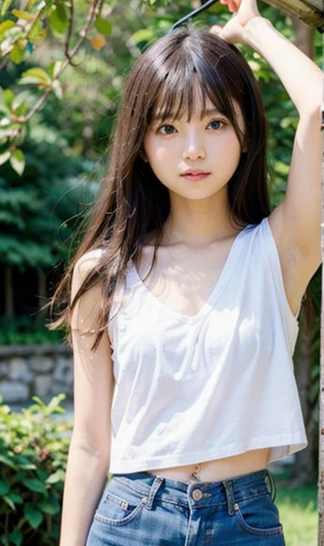 Highest quality, RAW Photos, Realistic, face, Incredibly beautiful girl, cute, Long Hair,garden,White tank top, Denim shorts, chest, 平らな chest, small,( small bust: 1.2), small bust, (slim, small, flat, small), thin, Delicate and sexy, Sharp clavicle, flatカラーの背景, ((faceのアップ:1.3)), gravure,View your audience, Raise your arms, White tank top, Arms up
