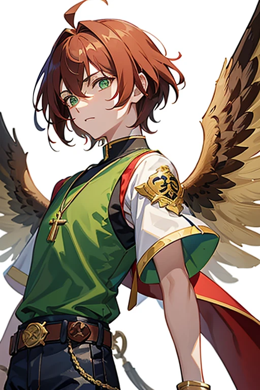 Xiao from Genshin Impact, boy, , short reddish brown hair with strands in the bangs, green eyes, green open vest, black t-shirt with gold wings print, necklace with a gold cross, blue jeans, light brown belt, Looking at profile straight directly to viewer, white background.