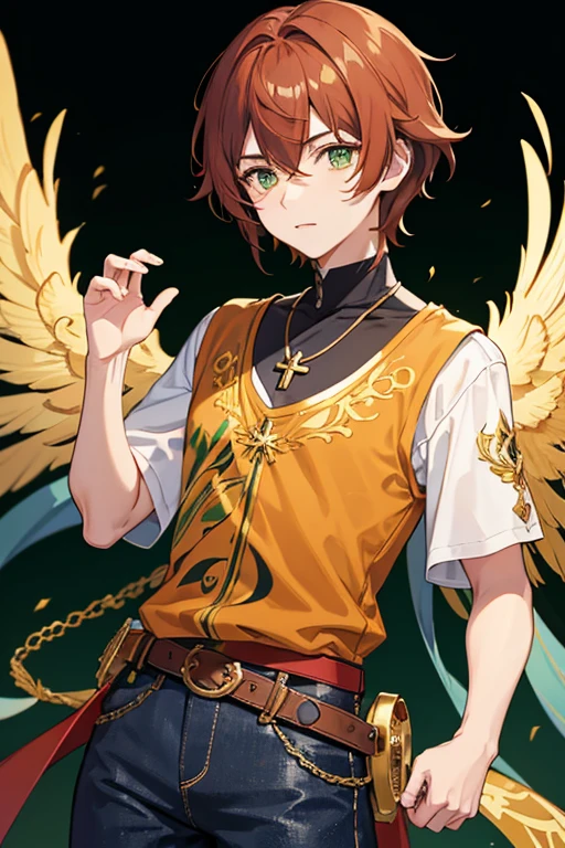 Xiao from Genshin Impact, boy, 16 years old, short reddish brown hair with strands in the bangs, green eyes, green open vest, black t-shirt with gold wings print, necklace with a gold cross, blue jeans, light brown belt, Looking at profile straight directly to viewer, white background.