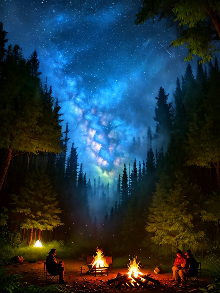 make funny 4d caricature some people are sitting around a campfire, while drinking hot coffee, the natural atmosphere is very cold, they wear thick jackets. around the location of the open ground and some big trees, many birds also lean and warm their bodies, 3d render, typography, wildlife photography