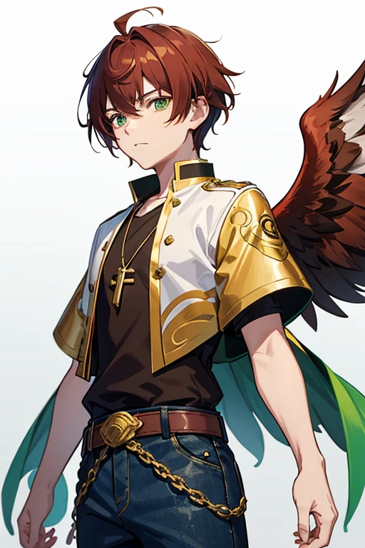 Xiao from Genshin Impact, boy, , short reddish brown hair with strands in the bangs, green eyes, green open vest, black t-shirt with gold wings print, necklace with a gold cross, blue jeans, light brown belt, Looking at profile straight directly to viewer, white background.