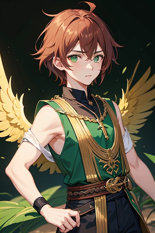 Xiao from Genshin Impact, boy, 16 years old, short reddish brown hair with strands in the bangs, green eyes, green open vest, black t-shirt with gold wings print, necklace with a gold cross, blue jeans, light brown belt, Looking at profile straight directly to viewer, white background.