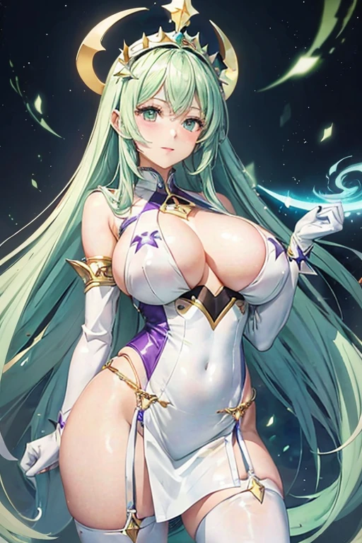 (girl1), (anime), white, with long green hair, jade green eyes, an 18 year old woman, with white stockings and a sexy dress, wearing a heroine costume consisting of a white sleeveless swimsuit with purple details and a yellow crescent moon on his chest. She also wears purple high boots, white gloves with spikes and metal plates on her waist and feet, look at her (Bust of hyper gigantic breasts with 800 centimeters:1.5)