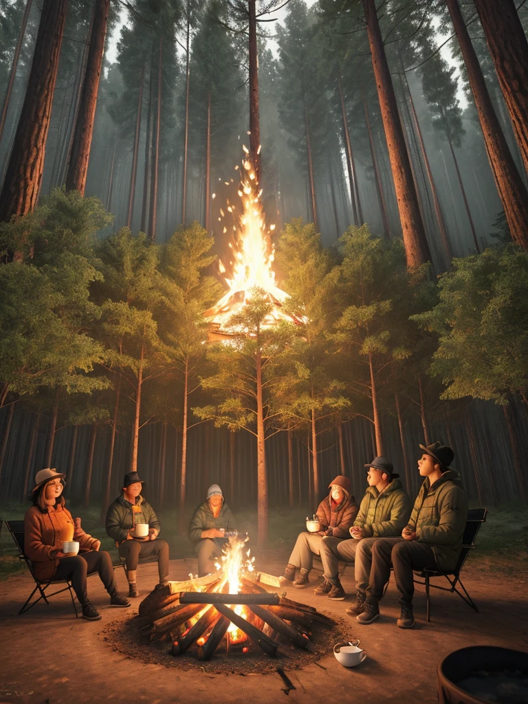 make funny 4d caricature some people are sitting around a campfire, while drinking hot coffee, the natural atmosphere is very cold, they wear thick jackets. around the location of the open ground and some big trees, many birds also lean and warm their bodies, 3d render, typography, wildlife photography