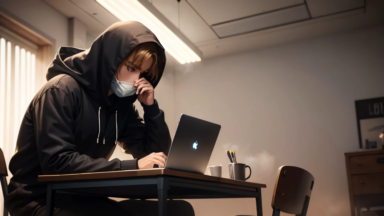A detailed painting of a person in a suit, sitting at a table alone in a room, head down, not revealing your face, with a hood and sweatshirt, white smoke flying in front, computer light, Hard working