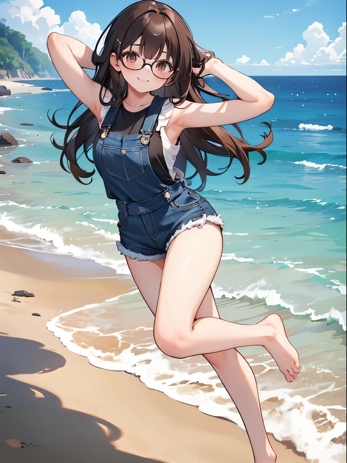 1 female、Brown hair、Brown eyes、Black frame glasses、seductive 、beautiful faces、perfect body。whole body, Best Quality、ultra detailed、8k resolution、photo and rude。Running on the beach。sleeveless shirt, barefoot, evening gown、denim shorts overalls。, a smile。saying uwu.