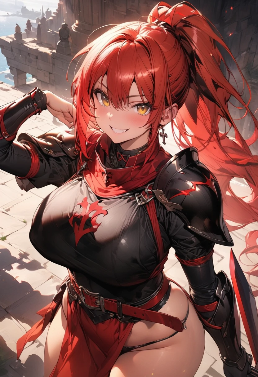 (masterpiece),(best quality),(ultra-detailed),(best illustration),(best shadow),(absurdres),(detailed background),(very aesthetic), knight, long hair, red hair, ((Ponytail)), yellow eyes, perfect face, black armor,, ((exposed arm)), red_ornaments, red_tabard, thong, belt, ((big tits)), exposed belly, smiling, 1girl, strikes, Perfect face, thick thighs, ,add_detail:1, add_detail:0, add_detail:0.5,
