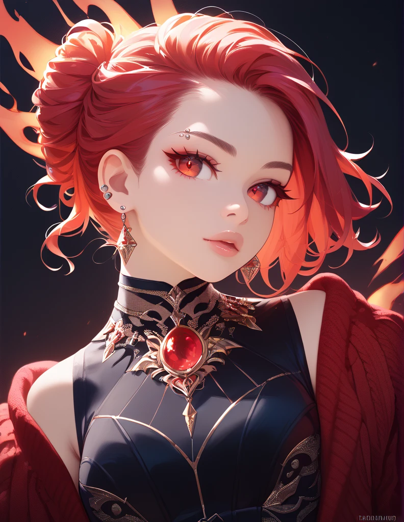 beautiful woman with long fiery-red hair, piercing red eyes, wearing a red sweater, black pants and boots, with a luxurious figure, detailed eyes, detailed lips, extremely detailed face, long eyelashes, photorealistic, high resolution, ultra-detailed, masterpiece, vibrant colors, dramatic lighting, cinematic, fantasy, dark, elegant, fashion portrait