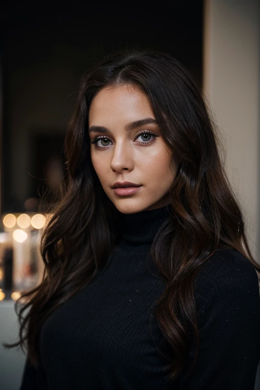 29 year old woman, long brown slightly curly hair, blue eye, visage parfait, professional makeup like model, C et portant un haut noir