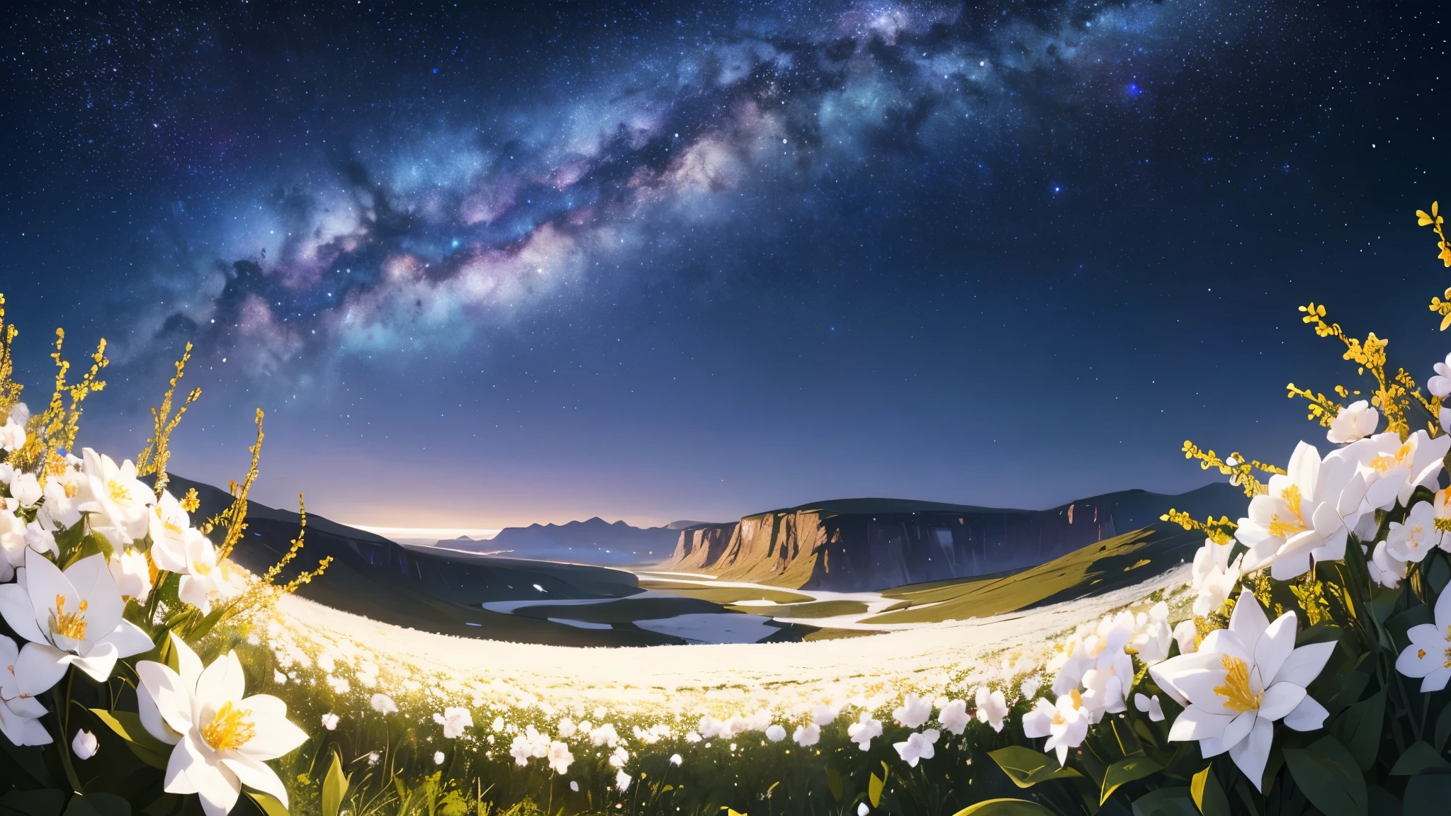 CG, unity, 8k, wallpaper, highest quality, masterpiece, best lighting, complex textile, detailed background, Landscape painting, Spectacular starry sky with the Milky Way visible, nebula, night, Effect of dancing petals, vast flower garden, quiet flower garden, nothing artificial, (white flowers: 1.5), beautiful, (Panoramic View: 1.3)