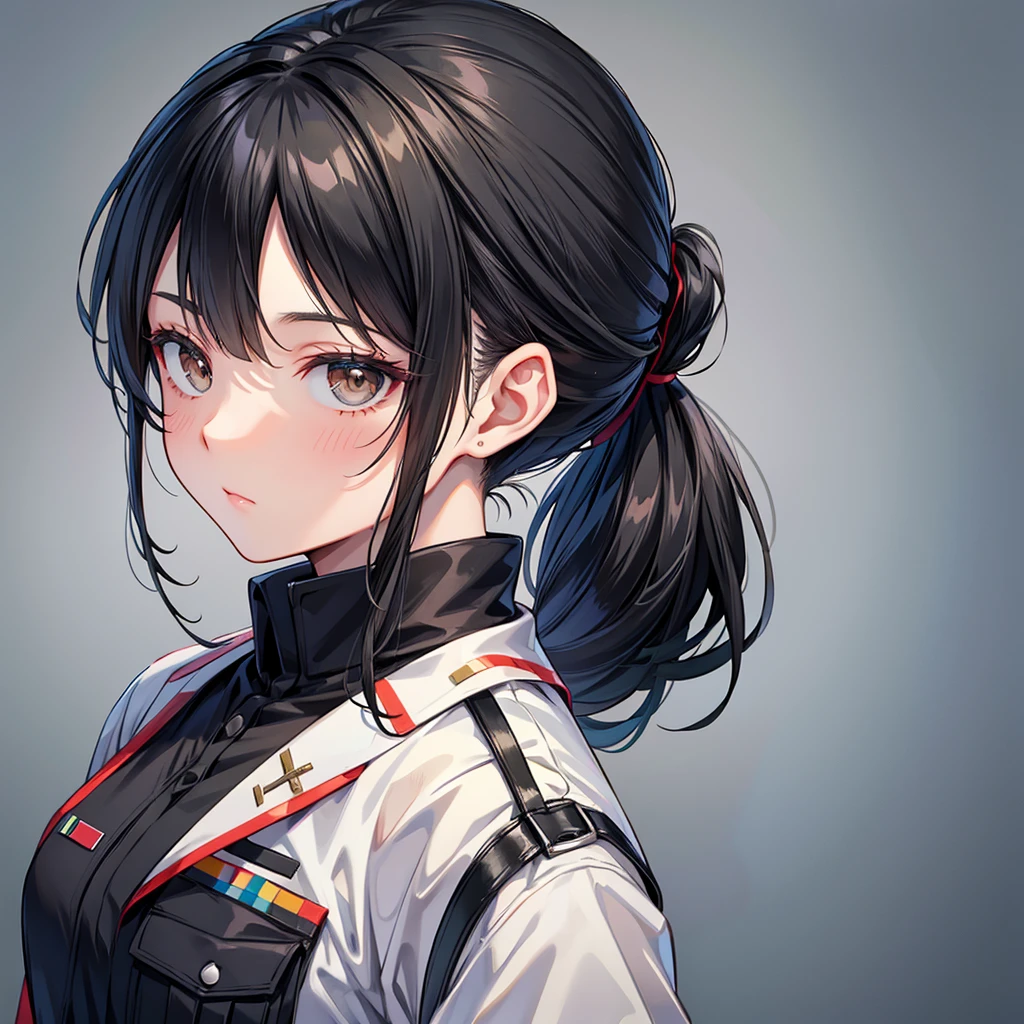 Black Hair ponytail Half Up One person military beautiful girl Droopy eyes