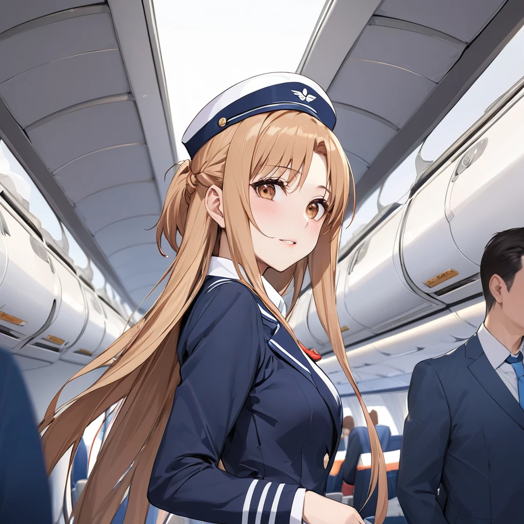 ((Highest quality)), ((masterpiece)), (detailed), （Perfect Face）、The woman is Yuuki Asuna, a flight attendant for Shandong Airlines, a Chinese woman with light brown, medium-long hair.、The woman is wearing a red Shandong Airlines flight attendant uniform, a uniform scarf and a uniform hat.