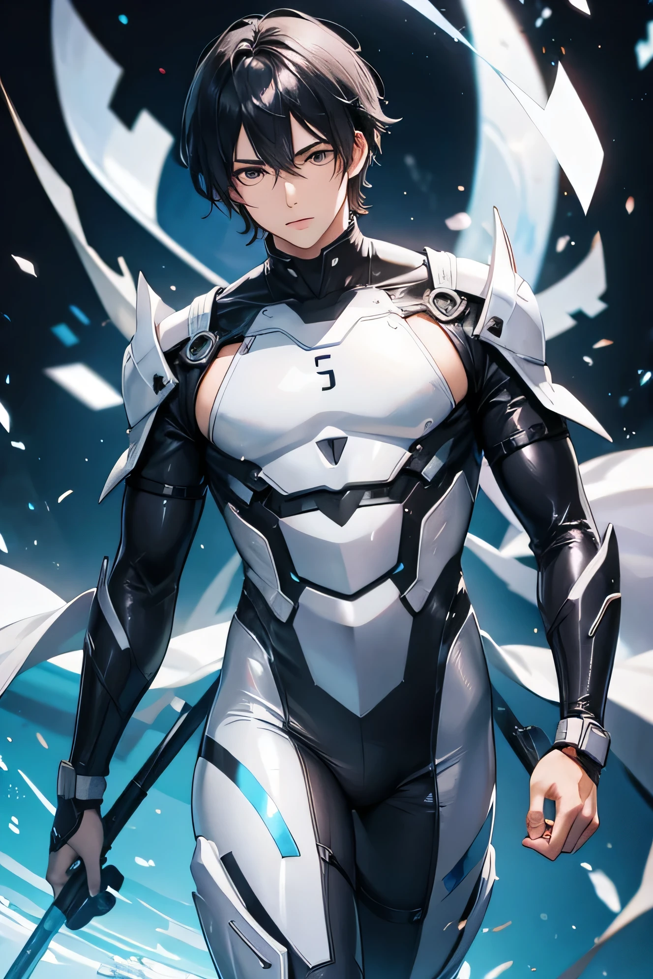 Japanese male handsome model Black Hair Short cut G-I-A-CUT looking at the camera Shiny full-body silver suit Shiny silver latex suit Fierce face Handsome future Metal Body dynamic pose