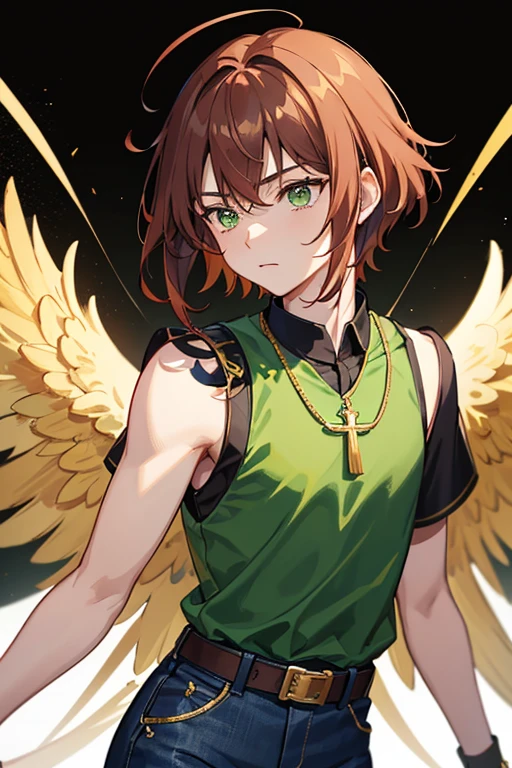 Xiao from Genshin Impact, boy, , short reddish brown hair with strands in the bangs, green eyes, green open vest, black t-shirt with gold wings print, necklace with a gold cross, blue jeans, light brown belt, Looking at profile straight directly to viewer, white background.