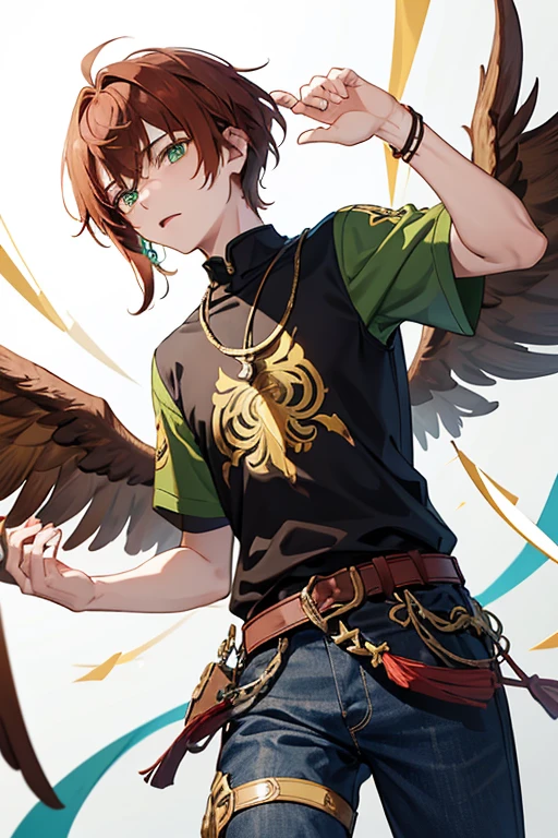 Xiao from Genshin Impact, boy, 16 years old, short reddish brown hair with strands in the bangs, green eyes, green open vest, black t-shirt with gold wings print, necklace with a gold cross, blue jeans, light brown belt, Looking at profile straight directly to viewer, white background.