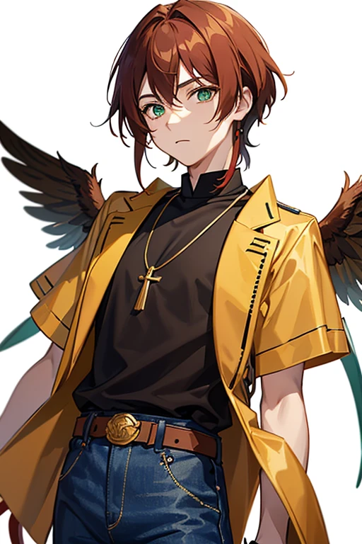 Xiao from Genshin Impact, boy, 16 years old, short reddish brown hair with strands in the bangs, green eyes, green open vest, black t-shirt with gold wings print, necklace with a gold cross, blue jeans, light brown belt, Looking at profile straight directly to viewer, white background.