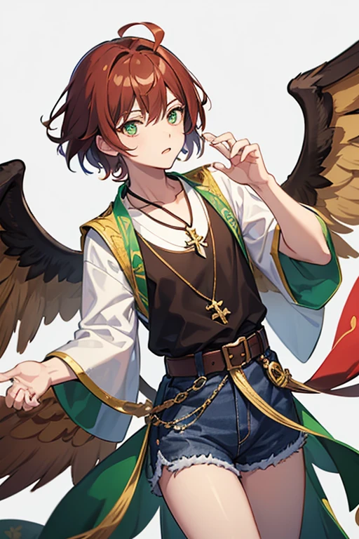 Xiao from Genshin Impact, boy, , short reddish brown hair with strands in the bangs, green eyes, green open vest, black t-shirt with gold wings print, necklace with a gold cross, blue jeans, light brown belt, Looking at profile straight directly to viewer, white background.